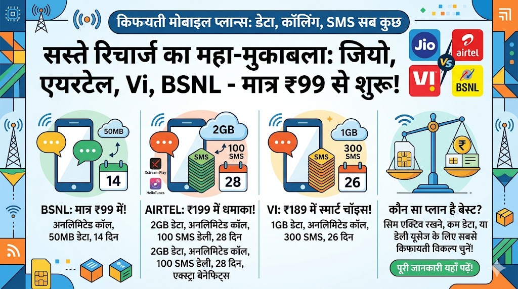 सबसे सस्ता रिचार्ज: ₹99 में Jio, Airtel, Vi और BSNL के धांसू प्लान्स, मिलेगा सब कुछ!