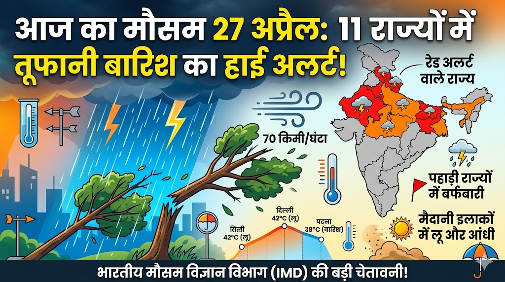 आज का मौसम 27 अप्रैल: 11 राज्यों में तूफानी बारिश और 70kmph की आंधी का हाई अलर्ट, जानें IMD की बड़ी चेतावनी!