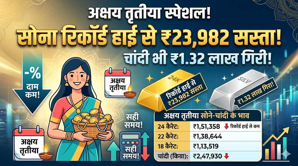 अक्षय तृतीया पर धमाका: ₹23,982 सस्ता हुआ सोना, चांदी ₹1.32 लाख गिरी—देखें आज के ताजा रेट!