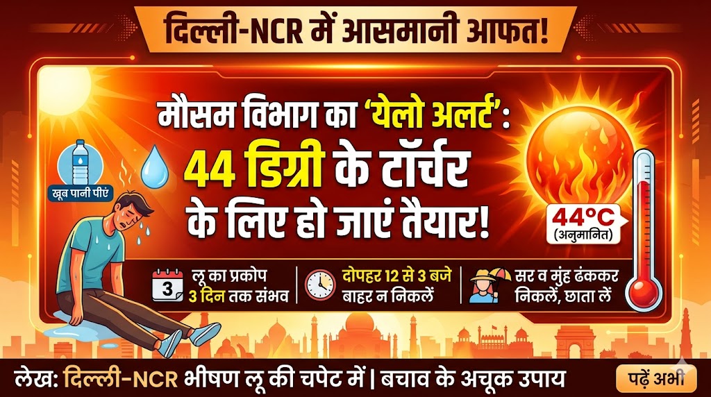 दिल्ली में भीषण गर्मी का अलर्ट: IMD ने जारी किया येलो अलर्ट, 44 डिग्री पहुंचेगा पारा, लू से बचने के उपाय जानें