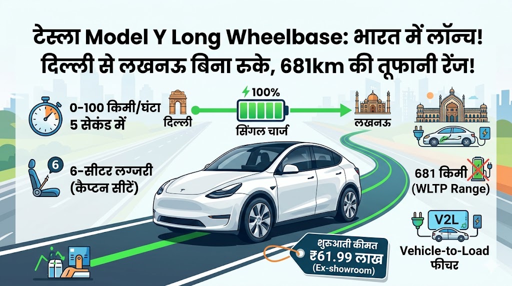 Tesla Model Y Long Wheelbase: अब दिल्ली से लखनऊ बिना रुके, सिंगल चार्ज में 681km की तूफानी रेंज!