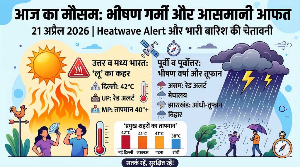 आज का मौसम 21 अप्रैल 2026: 10 राज्यों में आंधी-तूफान और भारी बारिश का Alert, दिल्ली-UP में लू ढाएगी कहर!