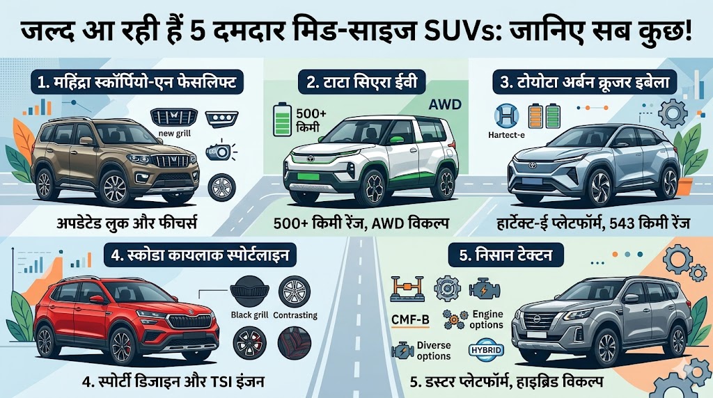 धमाकेदार एंट्री! भारत में लॉन्च होंगी ये 5 मिड-साइज SUV, टाटा और महिंद्रा उड़ाएंगे सबके होश – देखें फीचर्स और लिस्ट!