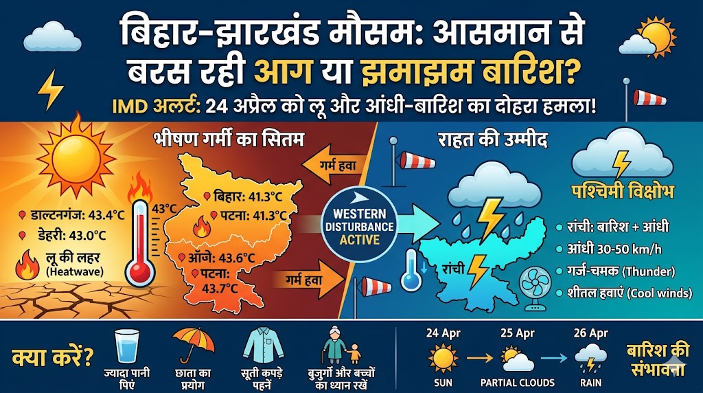 बिहार-झारखंड मौसम अपडेट 2026: 44 डिग्री की गर्मी या झमाझम बारिश? IMD ने जारी किया भीषण लू का अलर्ट!