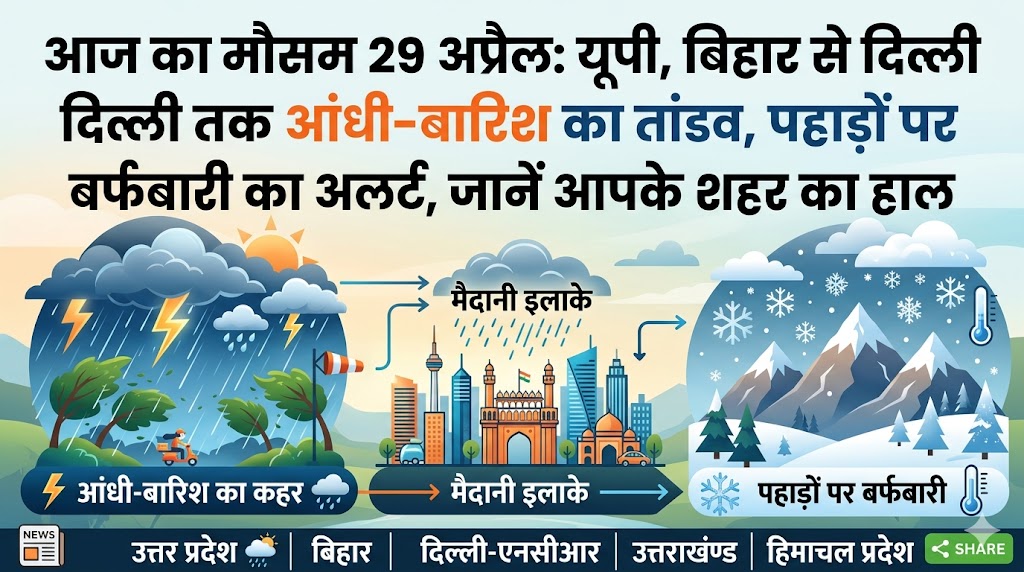 आज का मौसम 29 अप्रैल 2026: यूपी, बिहार, दिल्ली में आंधी-तूफान का कहर, पहाड़ों पर भारी बर्फबारी अलर्ट!