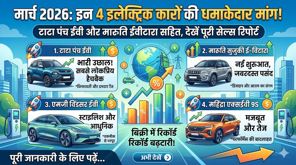 धमाकेदार खुलासा! मार्च 2026 में इन 4 इलेक्ट्रिक कारों ने मचाया तहलका, देखें Tata Punch EV और Maruti eVitara की सेल्स रिपोर्ट