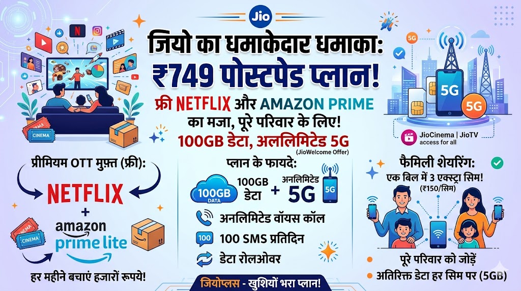 Jio का धमाका: ₹749 में पूरे परिवार के लिए Netflix और Amazon Prime फ्री, साथ ही 100GB डेटा का जलवा!