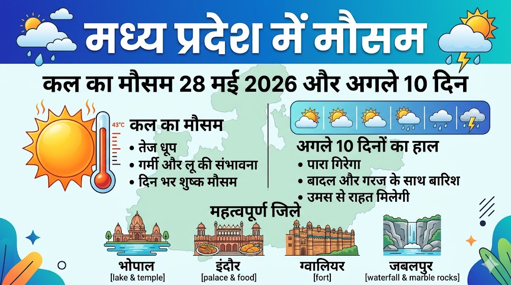 एमपी मौसम समाचार: कल का मौसम 28 मई 2026 को बदलेगा मिजाज, नौतपा के बीच इन जिलों में आंधी-बारिश का अलर्ट जारी!