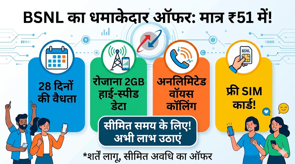 Jio-Airtel की छुट्टी! BSNL लाया ₹51 का सबसे सस्ता प्लान, 28 दिन तक सब कुछ FREE, जल्दी करें!