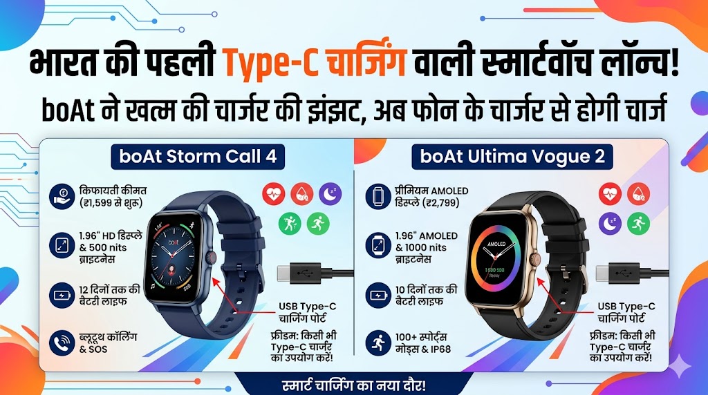 boAt New Smartwatch Launch: भारत की पहली Type-C चार्जिंग वाली स्मार्टवॉच लॉन्च, अब फोन के चार्जर से ही होगी चार्ज, कीमत मात्र ₹1599 से शुरू