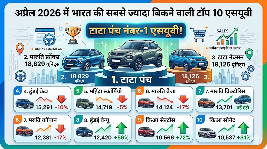 Top 10 Best Selling SUV April 2026: टाटा पंच ने क्रेटा और ब्रेजा को पछाड़ा, देखें पूरी लिस्ट