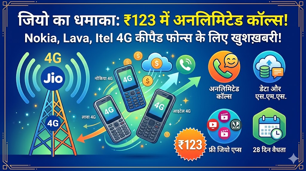 Jio का धमाका: अब Nokia, Lava और itel के 4G कीपैड फोन में भी कराएं ₹123 का सबसे सस्ता रिचार्ज, Airtel की छुट्टी!