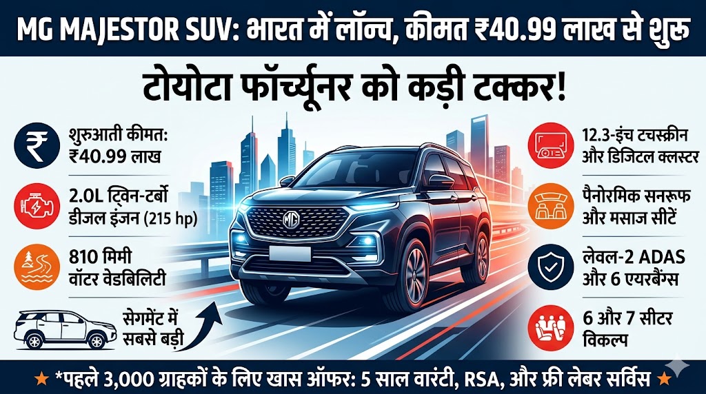 Toyota Fortuner की बादशाहत खत्म! भारत में लॉन्च हुई MG Majestor SUV, कम कीमत में मिलेंगे लग्जरी फीचर्स और मस्कुलर लुक