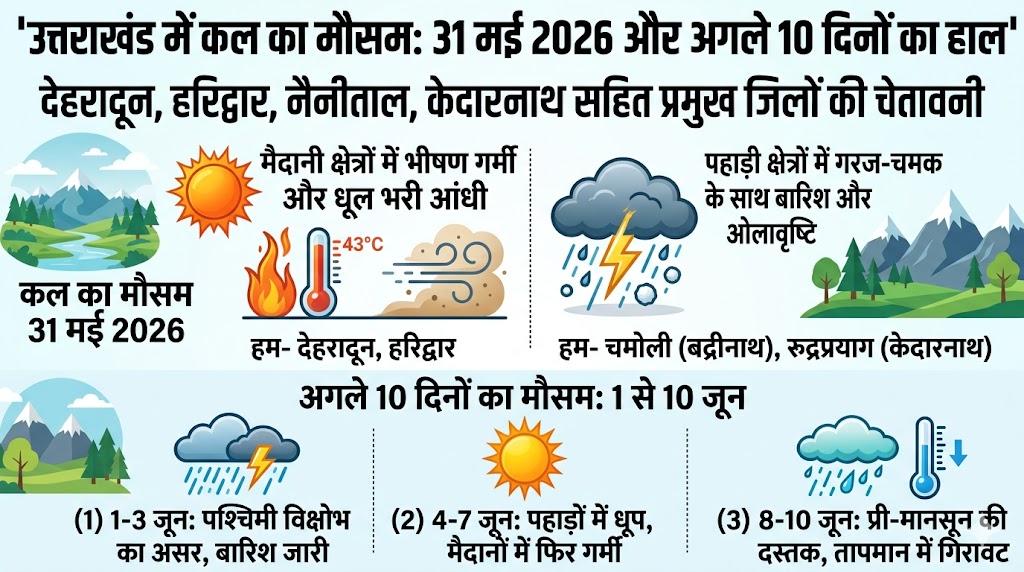 Uttarakhand Weather Update: कल का मौसम 31 मई 2026 को बदलेगा भयंकर रूप, इन 5 जिलों में आंधी-बारिश का हाई अलर्ट जारी, देखें अगले 10 दिनों का हाल