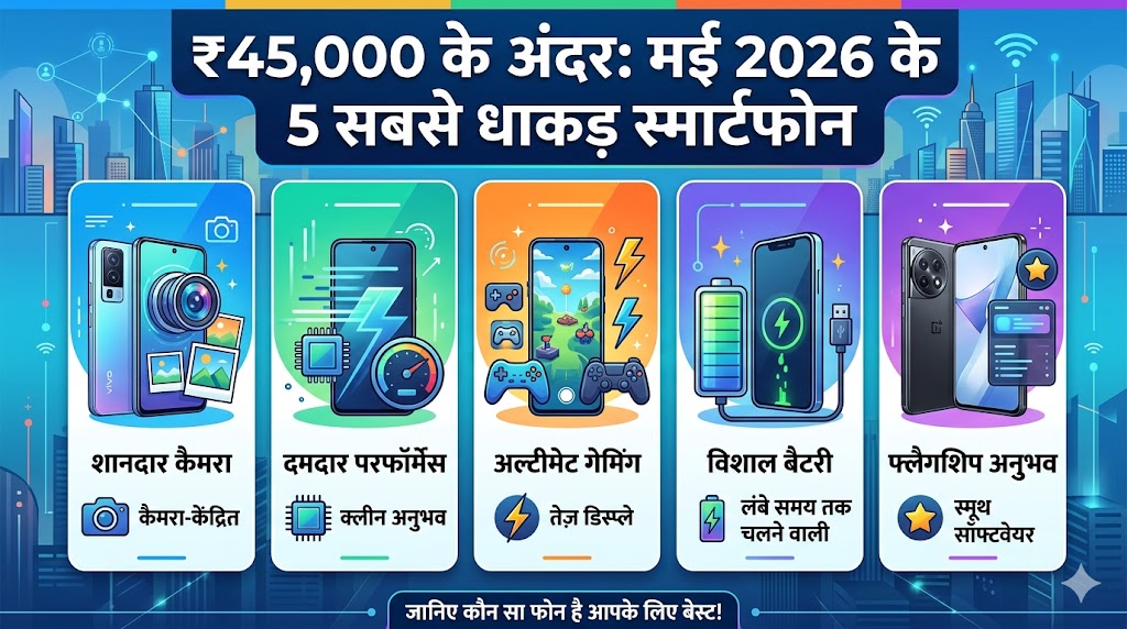 मई 2026 के टॉप 5 स्मार्टफोन: 45,000 रुपये के बजट में आईफोन को टक्कर देने वाले ये हैं सबसे धाकड़ फोन