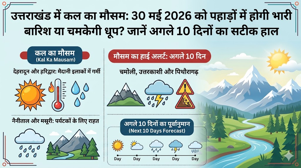 उत्तराखंड में कल का मौसम: 30 मई 2026 को पहाड़ों में होगी भारी बारिश या चमकेगी धूप? जानें अगले 10 दिनों का सटीक हाल