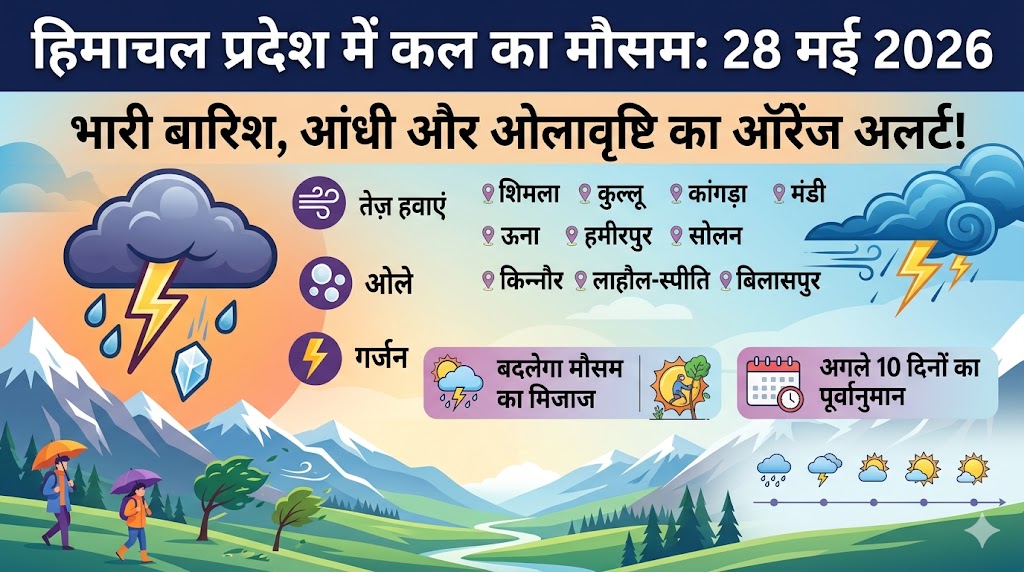 Himachal Pradesh Weather: कल का मौसम 28 मई 2026 को मचेगा भारी हाहाकार! आंधी-बारिश और ओले का ऑरेंज अलर्ट, अगले 10 दिनों का पूरा हाल जानें!