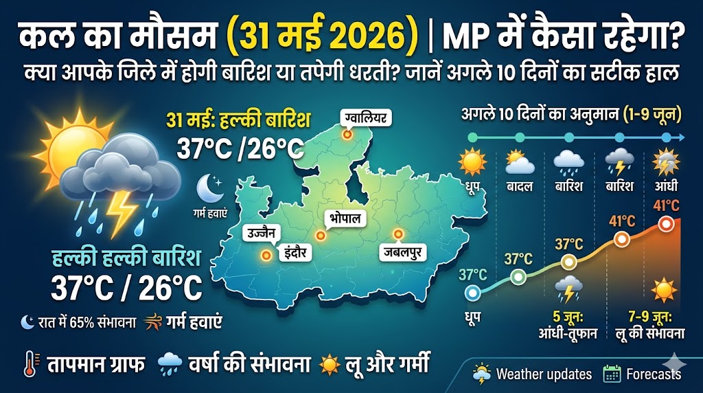 MP Weather Update: कल का मौसम 31 मई 2026 को पलटेगा पासा! भोपाल, इंदौर सहित कई जिलों में आंधी-बारिश का अलर्ट, जानें अगले 10 दिनों का हाल