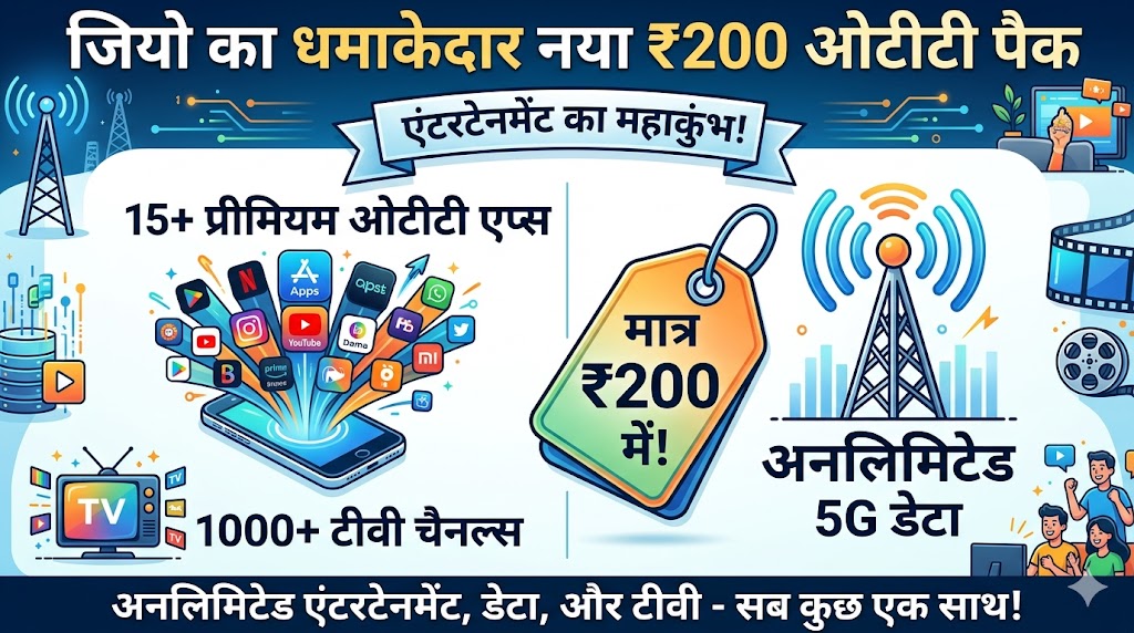 Jio OTT Pass 200: जियो का सबसे सस्ता रिचार्ज प्लान मात्र ₹200 में 15 OTT ऐप्स और अनलिमिटेड 5G डेटा की भारी लूट