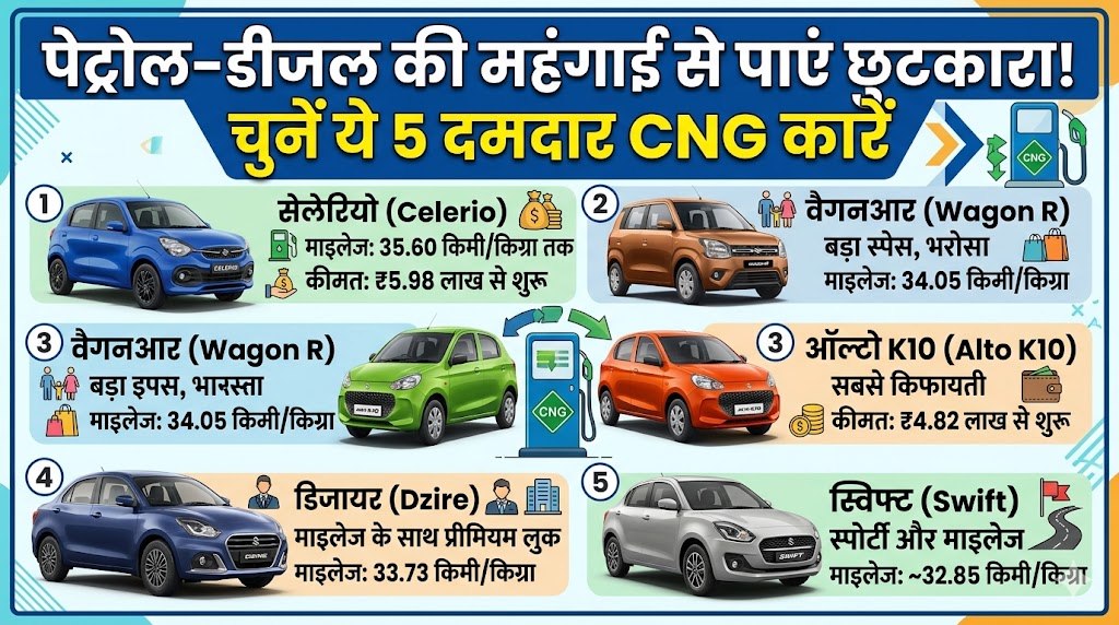 पेट्रोल की टेंशन खत्म! ये हैं 5 सबसे सस्ती CNG कारें जो देंगी 35km का माइलेज, देखें पूरी लिस्ट और कीमत