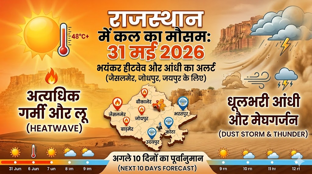 राजस्थान में कल का मौसम 31 मई 2026: भयंकर हीटवेव और आंधी का अलर्ट, जानें आपके जिले का हाल
