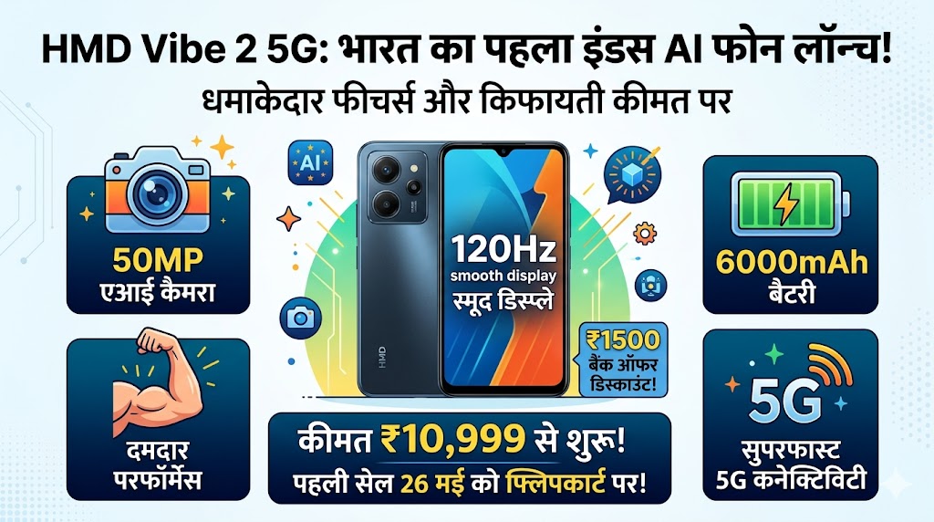 HMD Vibe 2 5G: भारत का पहला इंडस AI फोन हुआ लॉन्च, 6000mAh बैटरी और 50MP कैमरे वाले इस स्मार्टफोन ने उड़ाए सबके होश