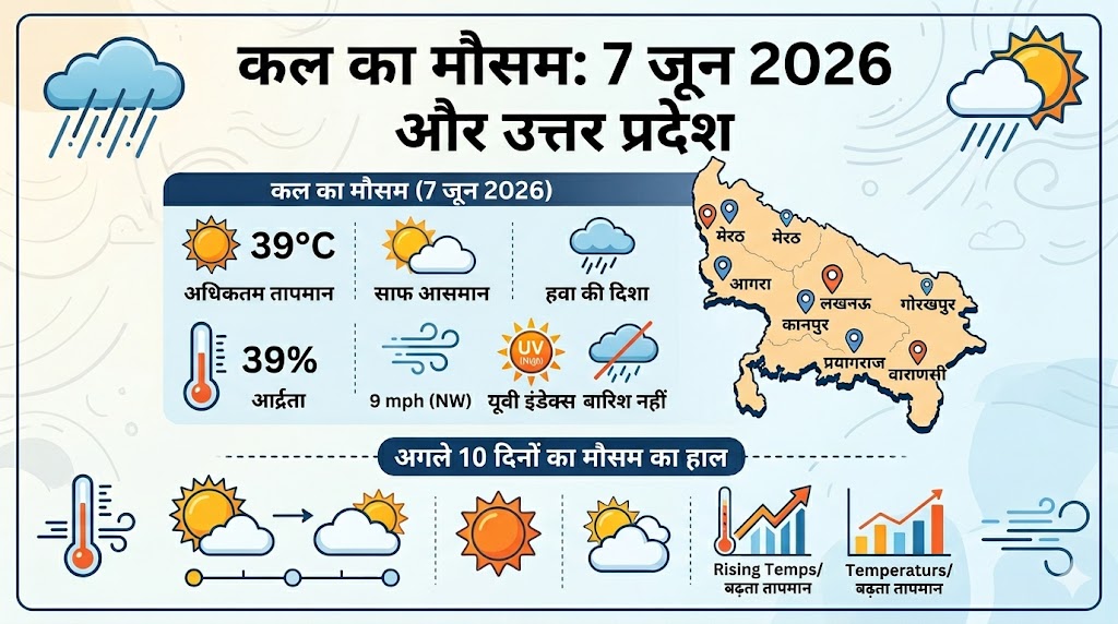 UP Weather Alert: कल का मौसम 7 जून 2026 को छुएगा आसमान, जानें अगले 10 दिनों का भयंकर तापमान!