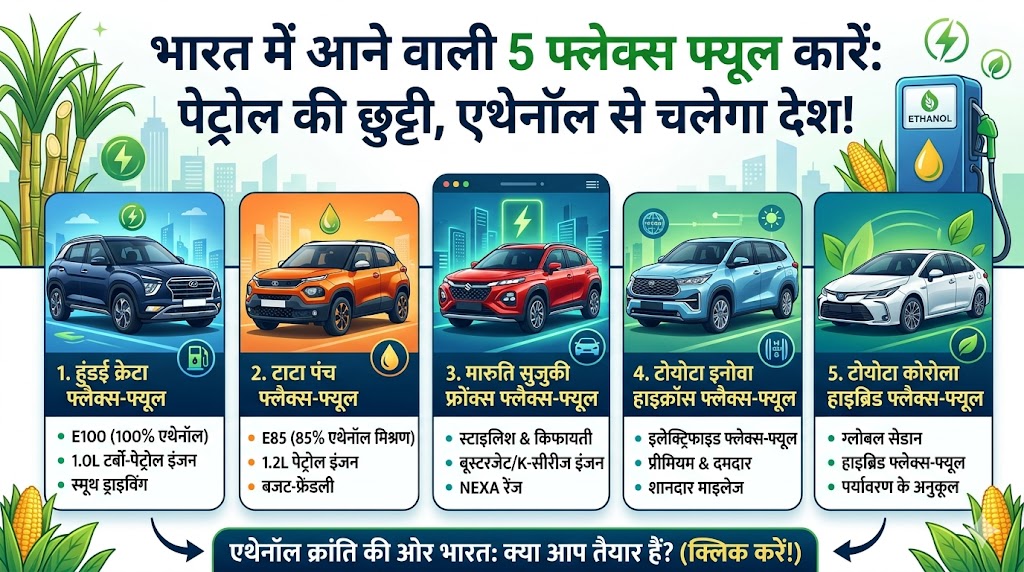 Upcoming Flex Fuel Cars India, Hyundai Creta Flex Fuel, Tata Punch Ethanol Car, Maruti Fronx Flex Fuel, Ethanol Cars in India, Flex Fuel Engine Technology, Best Mileage Cars India, एथेनॉल कार भारत, फ्लेक्स फ्यूल इंजन, हुंडई क्रेटा फ्लेक्स फ्यूल, टाटा पंच एथेनॉल कार, अपकमिंग कार लॉन्च 2026