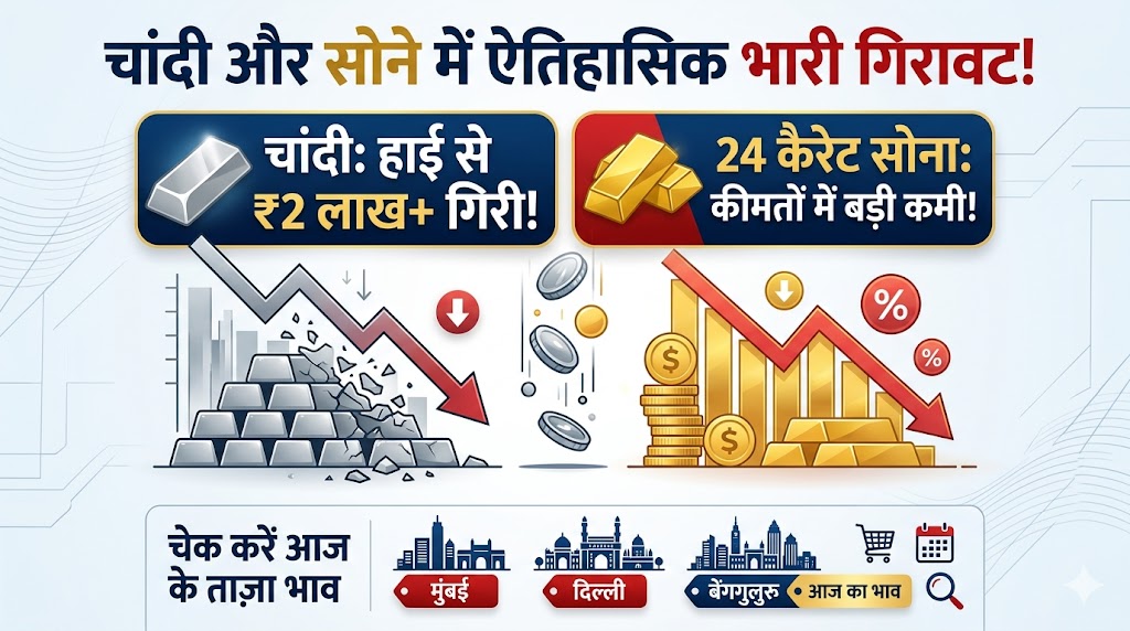 Gold Silver Price Crash: रिकॉर्ड हाई से ₹2.10 लाख सस्ती हुई चांदी, सोना भी ₹53,000 टूटा, देखें आज का सबसे ताजा रेट्स