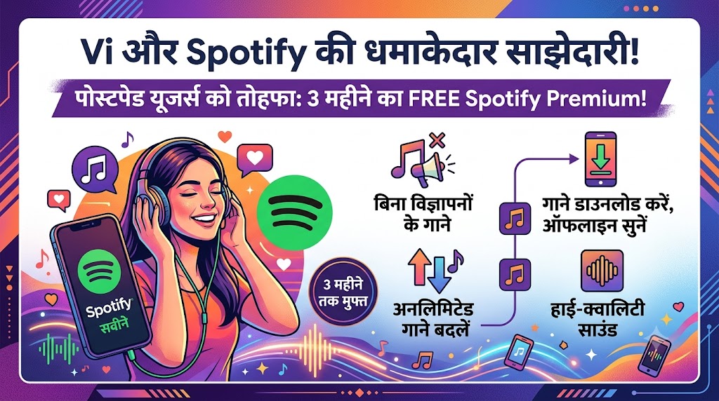 Vi Free Spotify Premium: वोडाफोन आइडिया का बड़ा धमाका! इन ग्राहकों को 3 महीने तक बिल्कुल FREE मिलेगा Spotify Premium, ऐसे करें एक्टिवेट
