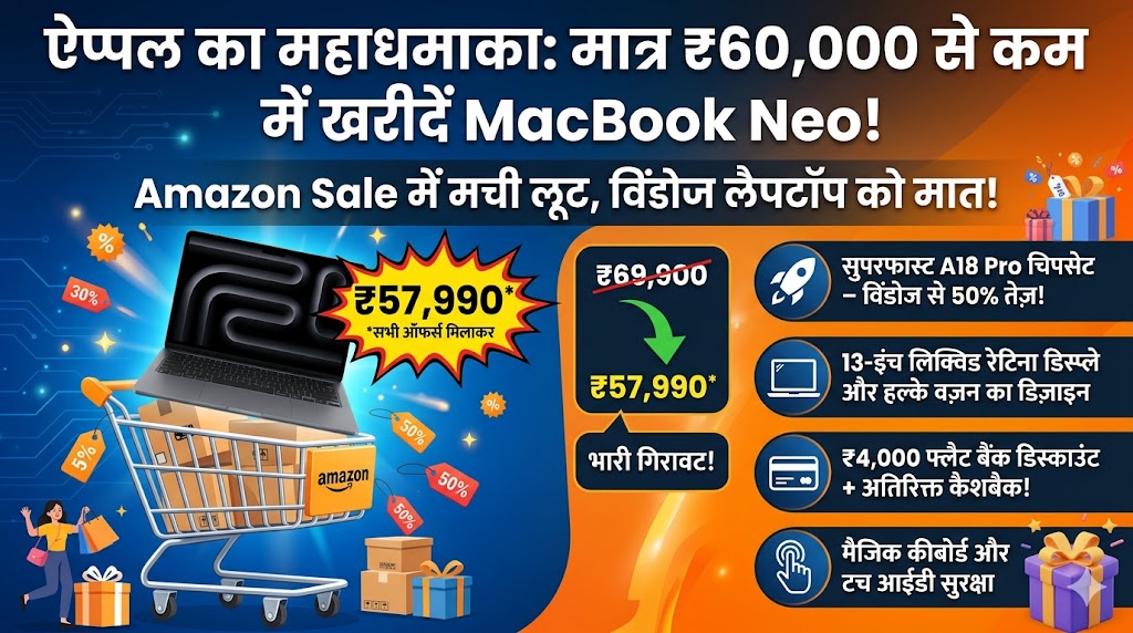 Apple का महाधमाका! मात्र ₹57,990 में खरीदें नया MacBook Neo, Amazon Sale में विंडोज लैपटॉप की छुट्टी