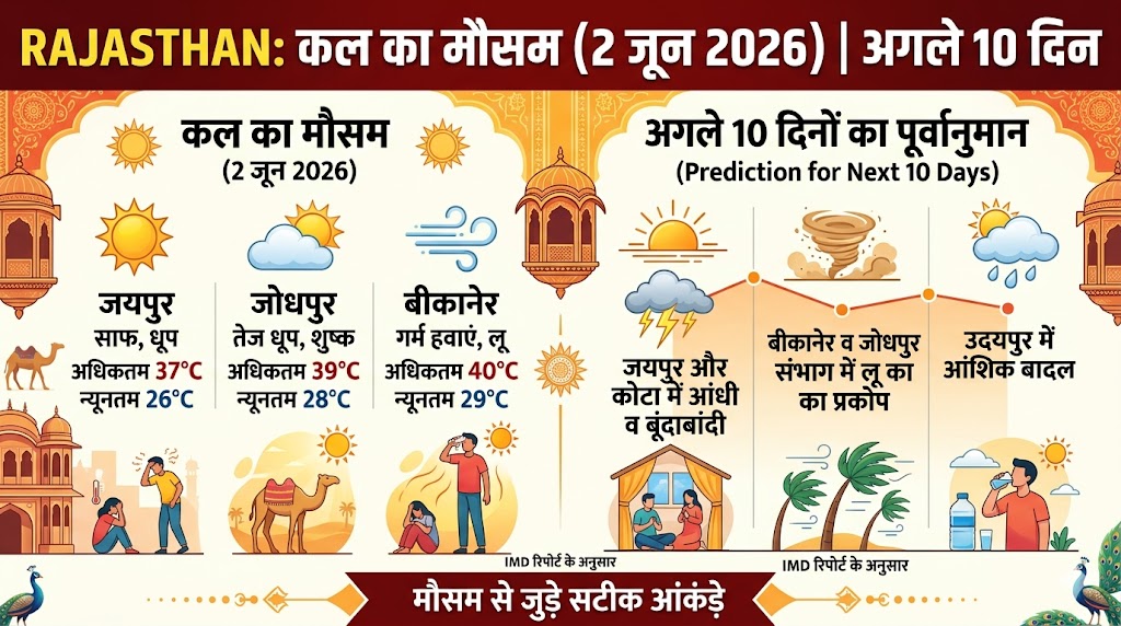 कल का मौसम 2 जून 2026: राजस्थान के जयपुर-जोधपुर में मौसम विभाग की बड़ी चेतावनी, अगले 10 दिन कैसा रहेगा हाल?