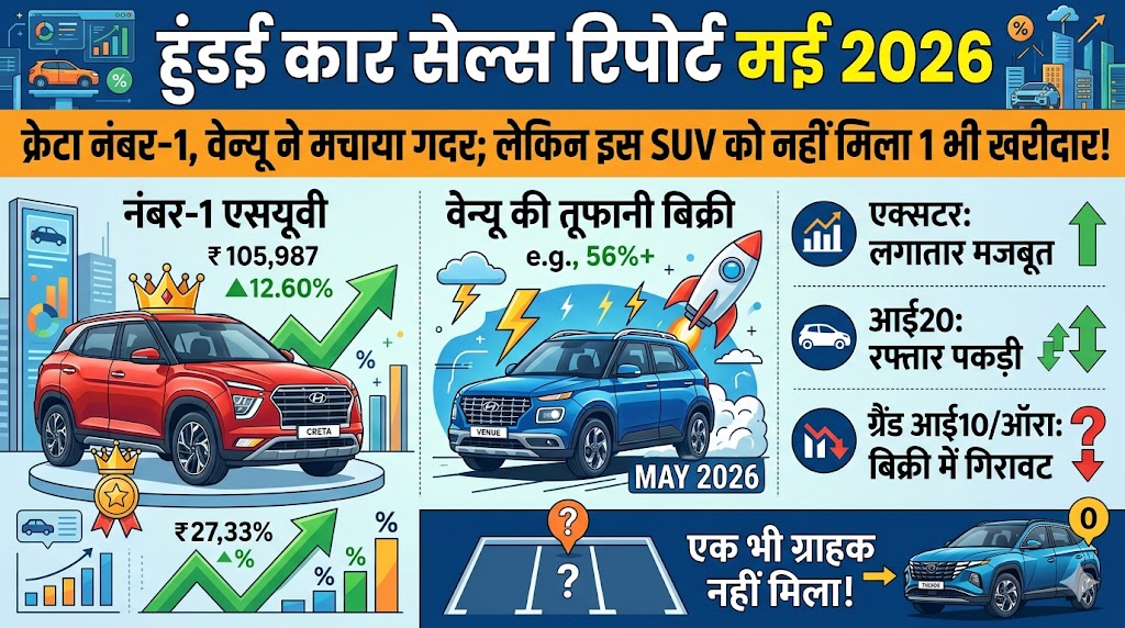 Hyundai Car Sales Report May 2026: क्रेटा बनी नंबर-1, वेन्यू ने काटा गदर; लेकिन इस SUV को नहीं मिला 1 भी खरीदार!