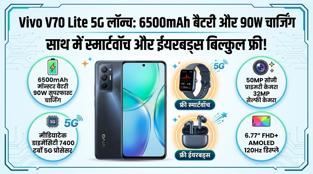 Vivo V70 Lite 5G: मार्केट में आया 6500mAh की तगड़ी बैटरी और 90W चार्जिंग वाला धांसू फोन, साथ में स्मार्टवॉच और ईयरबड्स बिल्कुल फ्री