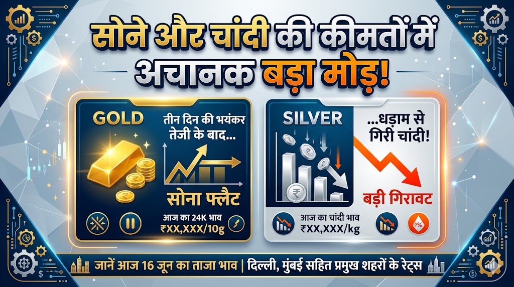 सोने और चांदी की कीमतों में अचानक आया बड़ा मोड़, तीन दिन की भयंकर तेजी के बाद धड़ाम से गिरी चांदी, जानें आज 16 जून का ताजा भाव