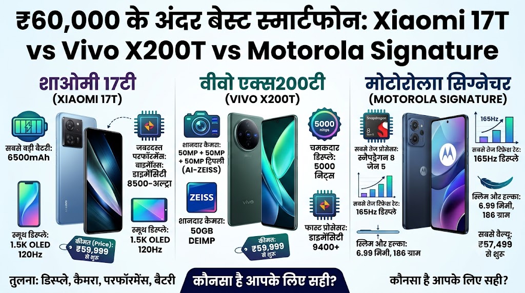 60 हजार रुपये के बजट में मचा तहलका: Xiaomi 17T, Vivo X200T और Motorola Signature में से कौन सा फोन है आपके लिए सबसे बेस्ट?