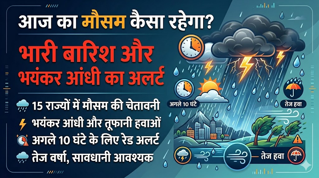 आज का मौसम कैसा रहेगा: अगले 10 घंटे में 15 राज्यों में भयंकर आंधी-तूफान और भारी बारिश का रेड अलर्ट जारी, IMD ने दी चेतावनी