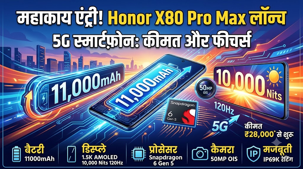 धमाकेदार एंट्री! 11,000mAh बैटरी और 10,000 Nits डिस्प्ले के साथ लॉन्च हुआ Honor X80 Pro Max 5G, कीमत और फीचर्स जानकर उड़ जाएंगे होश