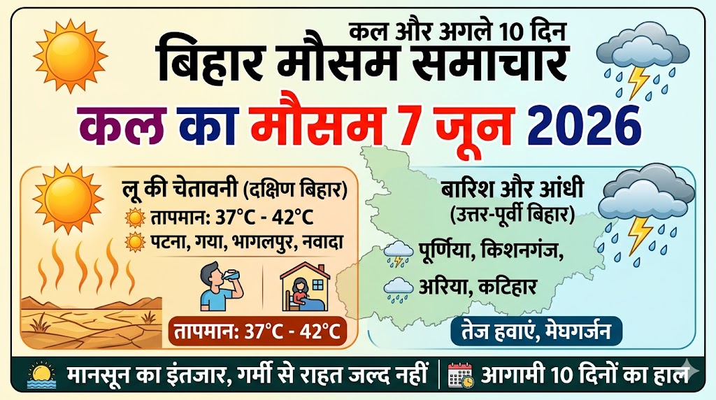 बिहार में कल का मौसम (7 जून 2026): सावधान! भयंकर हीटवेव के बीच इन जिलों में आंधी-तूफान और बारिश का हाई अलर्ट जारी