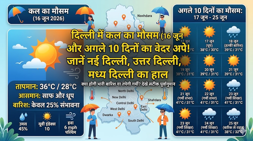 दिल्ली में कल का मौसम कैसा रहेगा: 16 जून 2026 को मौसम विभाग का बड़ा अलर्ट, जानें अगले 10 दिनों की वेदर रिपोर्ट!