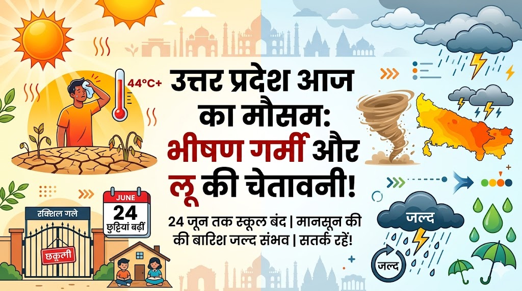 आज का मौसम उत्तर प्रदेश: यूपी में फिर लौटी जानलेवा हीटवेव, स्कूल 24 जून तक बंद, जानें अपने जिले में कब होगी बारिश