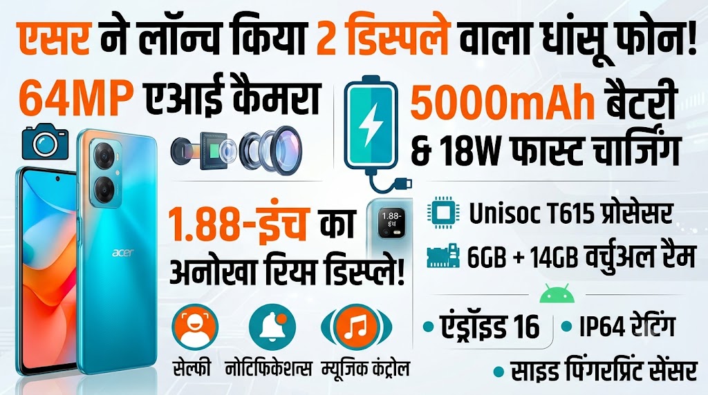 Acer Double Screen Phone: दो स्क्रीन वाला धमाकेदार स्मार्टफोन लॉन्च, 64MP कैमरा और 5000mAh बैटरी के साथ मचाएगा तहलका