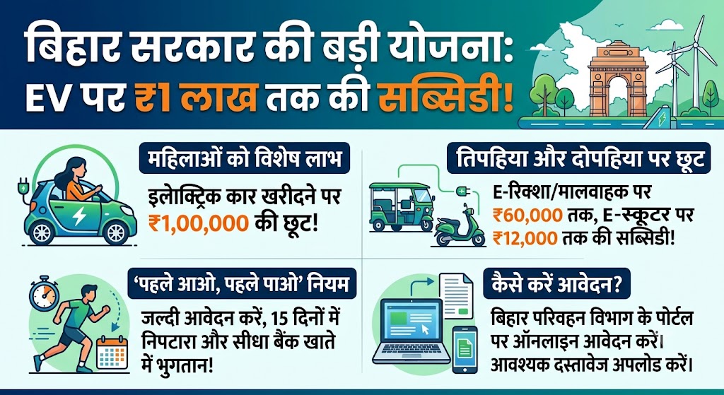 Bihar EV Subsidy Apply Online 2026: बिहार सरकार दे रही है इलेक्ट्रिक गाड़ियों पर ₹1 लाख तक की बंपर सब्सिडी, ऐसे करें तुरंत आवेदन