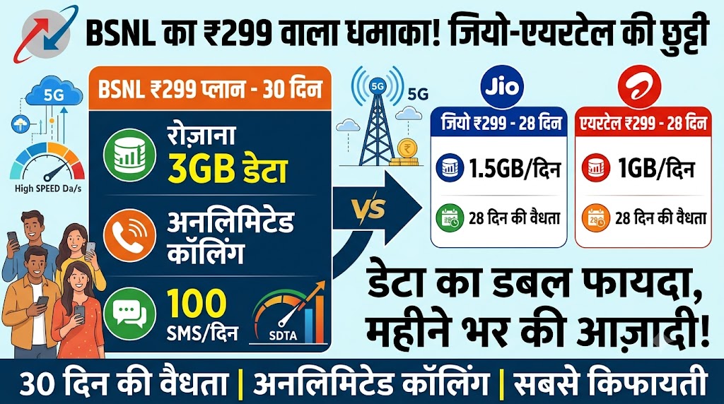 Jio Airtel की छुट्टी! BSNL लाया ₹299 में रोज़ 3GB डेटा और 30 दिन की वैलिडिटी वाला सबसे धांसू प्लान