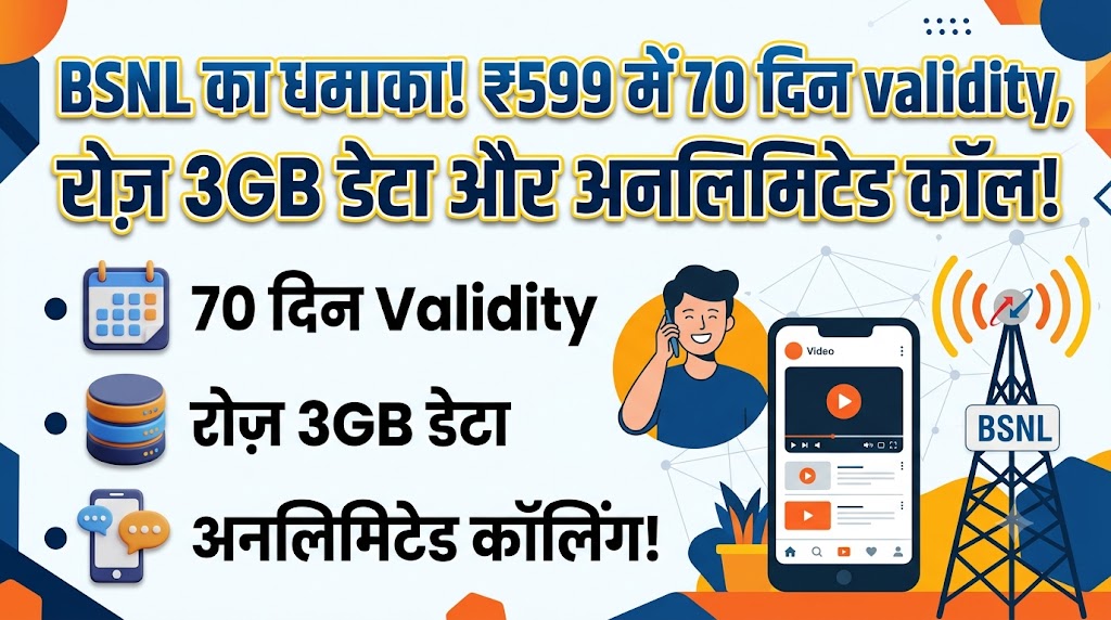 BSNL का धमाका रिचार्ज: मात्र 599 रुपये में 70 दिनों तक रोज़ मिलेगा 3GB डेटा और अनलिमिटेड कॉलिंग, जियो-एयरटेल की छूटी पसीने