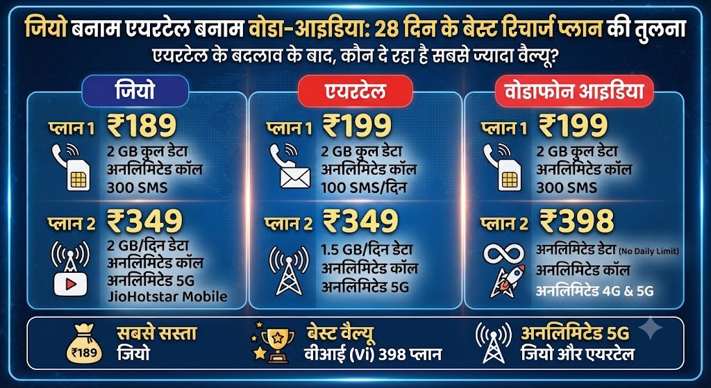 Jio vs Airtel vs Vi 28 Days Recharge Plans Comparison