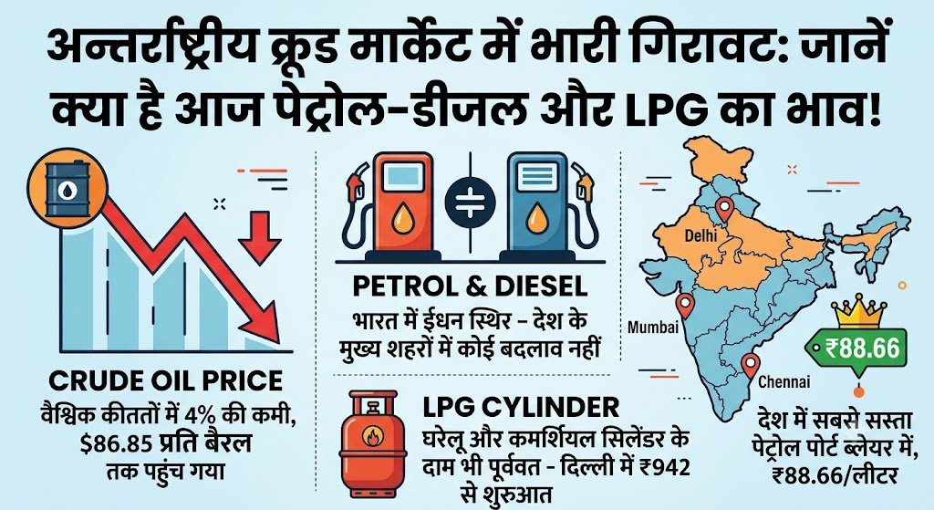 अंतरराष्ट्रीय बाजार में क्रूड ऑयल धड़ाम! सुबह 6 बजे जारी हुए पेट्रोल-डीजल और LPG के नए रेट्स, जानिए अपने शहर का हाल