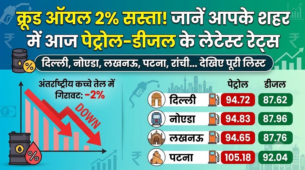 क्रूड ऑयल में 2% की बड़ी गिरावट, जानें दिल्ली, नोएडा, लखनऊ से पटना तक क्या हैं आज पेट्रोल-डीजल के लेटेस्ट रेट्स