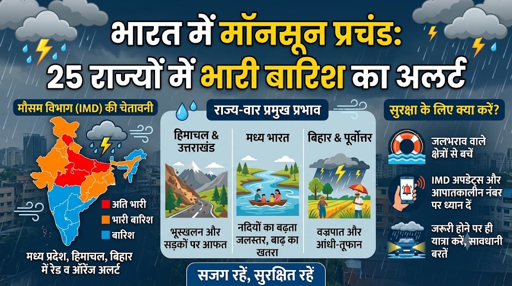 Monsoon Rain Alert: देश के 25 राज्यों में मूसलाधार बारिश का अलर्ट, जानें आपके शहर का मौसम