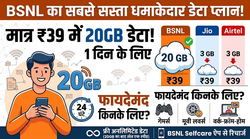 BSNL का सबसे सस्ता डेटा धमाका: मात्र 39 रुपये में 20GB डेटा, Jio और Airtel के छूटे पसीने!